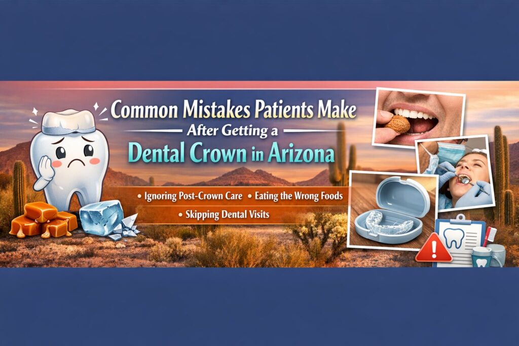 Common mistakes patients make after getting a dental crown in Arizona including eating hard foods, skipping dental visits, and ignoring post-crown care instructions.