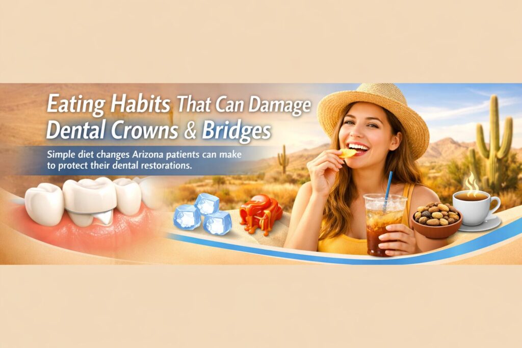 Eating habits in Arizona that can damage dental crowns and bridges including ice chewing and sticky foods