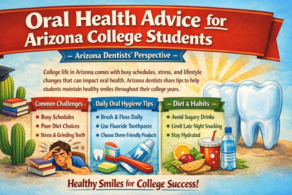 Oral health tips for Arizona college students including brushing, flossing, healthy diet, and preventive dental care.