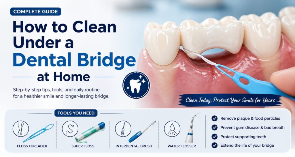 Person using floss threader to clean under a dental bridge