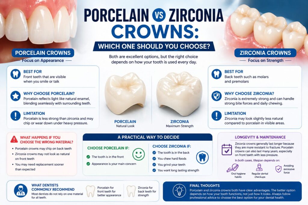 Comparison of porcelain and zirconia dental crowns showing front and back teeth usage