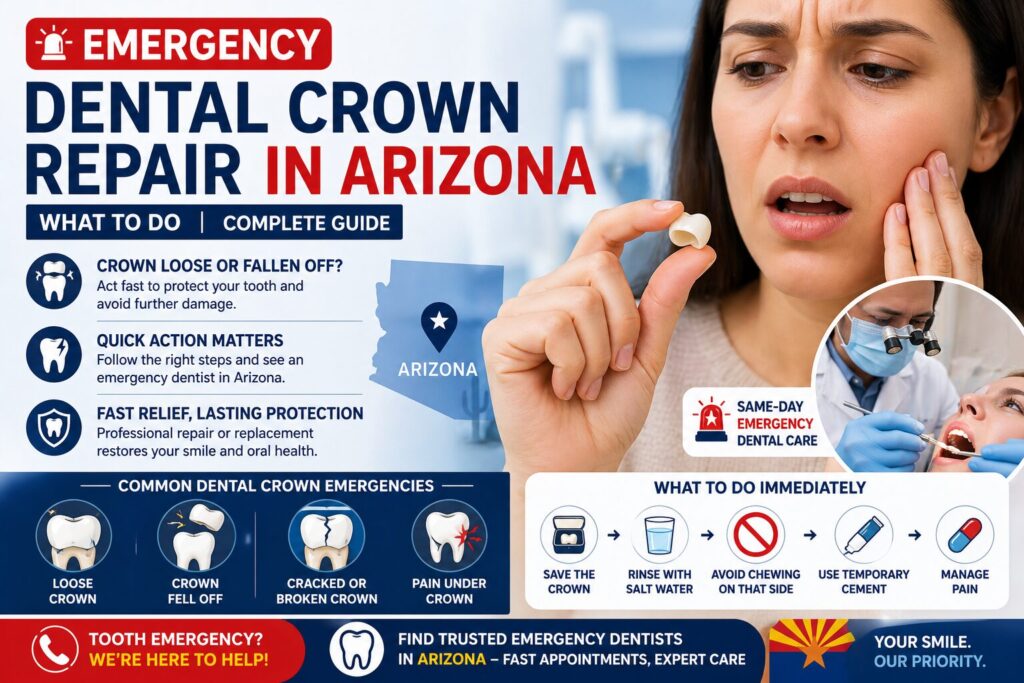 Patient holding a fallen dental crown with dentist preparing for emergency repair
