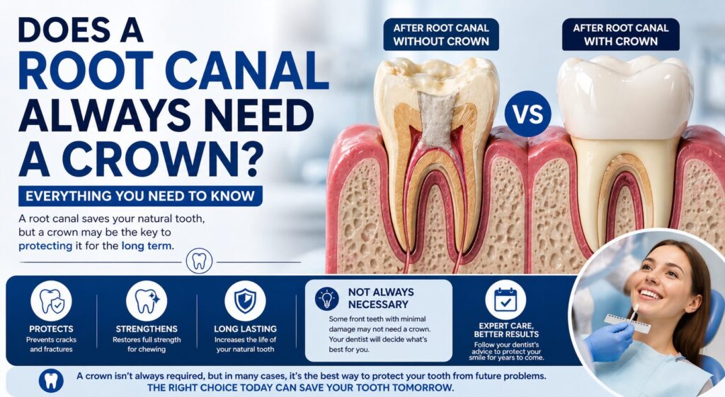 Diagram showing a tooth after root canal treatment with and without a dental crown